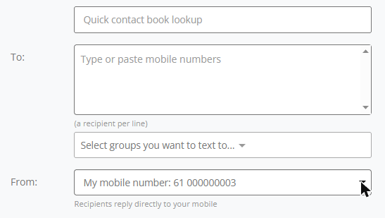 The From box on the 160 send screen, used to text from a different number