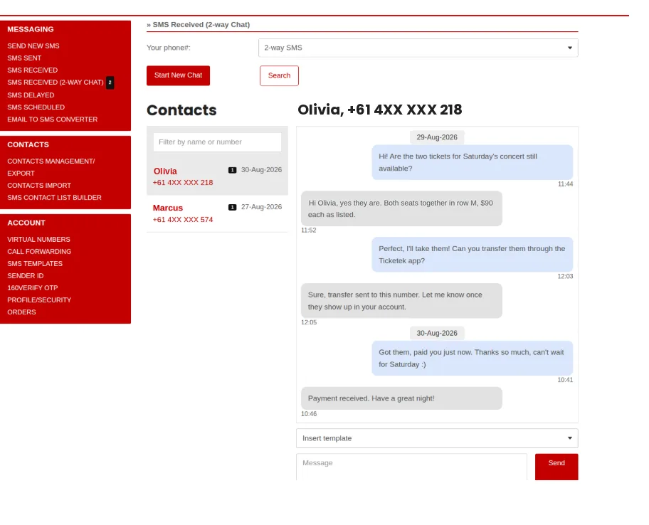 The SMS Received (2-Way Chat) screen on 160.com.au showing a conversation on a virtual mobile number, with the contacts list, message bubbles and the reply box